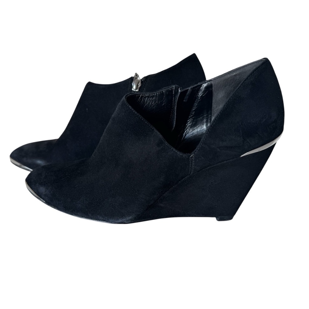 Audrey Brooke Black Suede Silver Tip Wedge Ankle Booties
